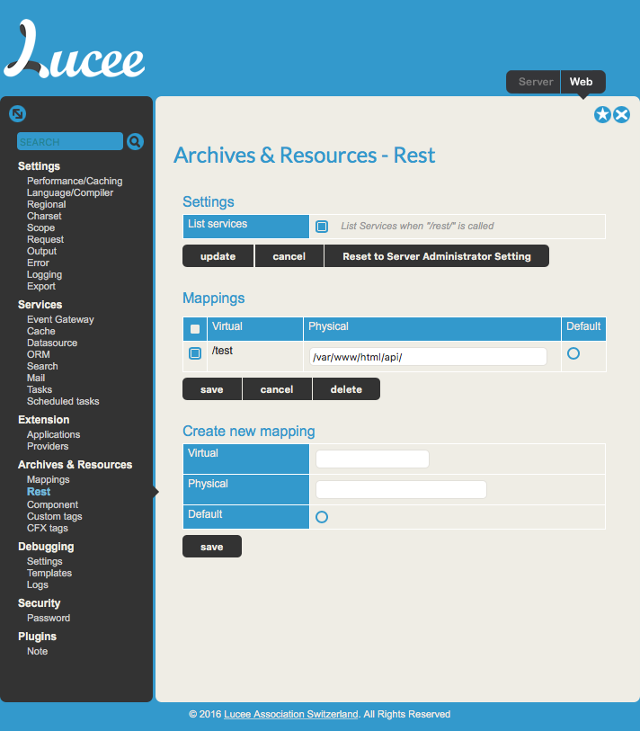 Lucee Rest Admin Setting